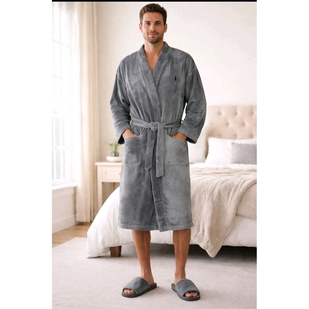 Polo Ralph Lauren Upcycled Gray Tie-Dye Cotton Terrycloth Midi Bathrobe Mens S/M